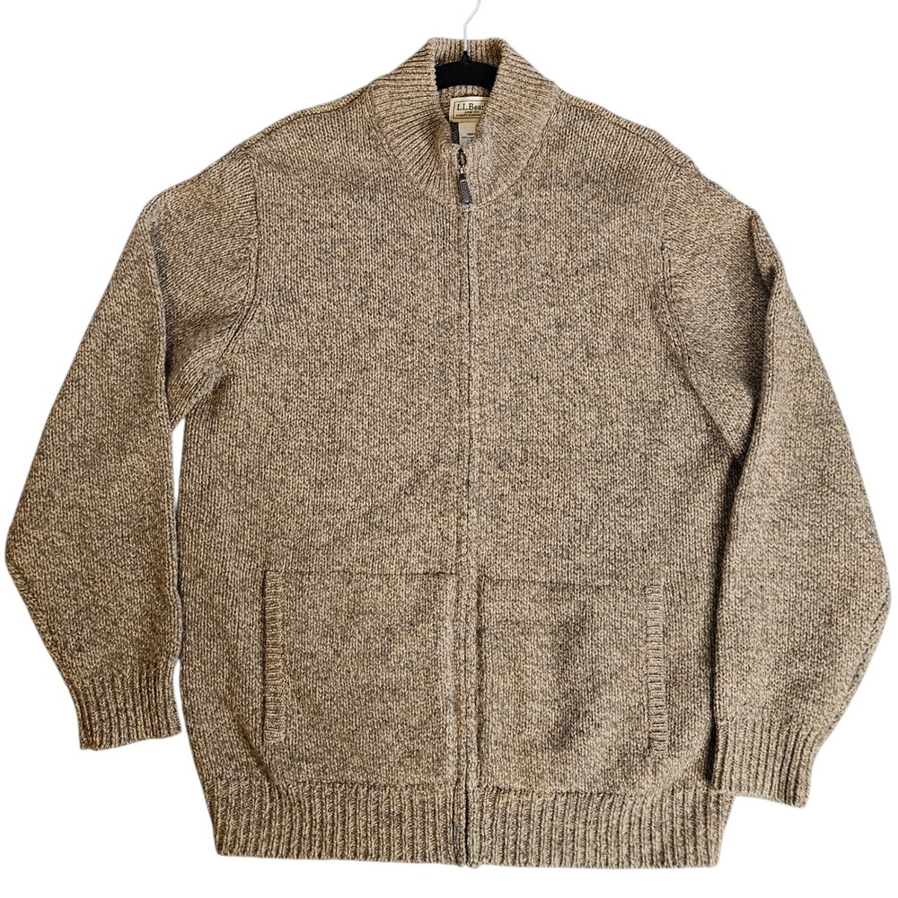 L.L. Bean Men's 100% Lambswool Full Zip Sweater Jacket Beige Brown Size L